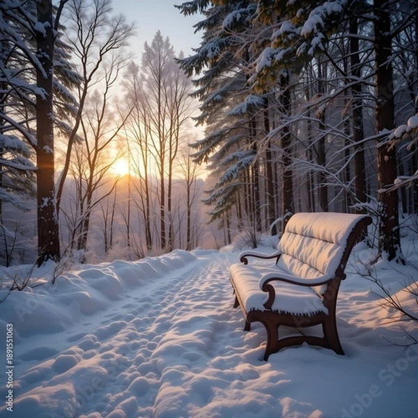 Fototapeta 일몰 배경을 배경으로 한 겨울 숲의 눈 덮인 벤치
