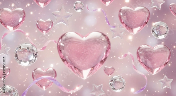 Obraz きらめくピンクのハートと星が浮かぶファンタジー背景
