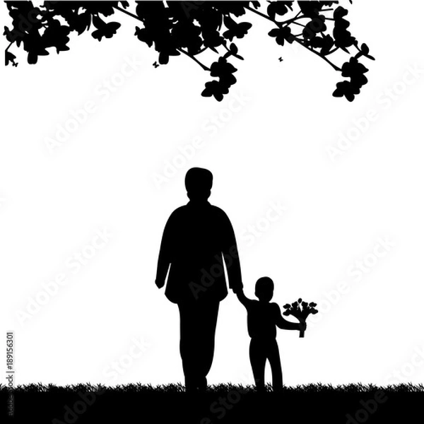 Fototapeta Grandma walks with a grandson with flowers in the park, one in the series of similar images silhouette