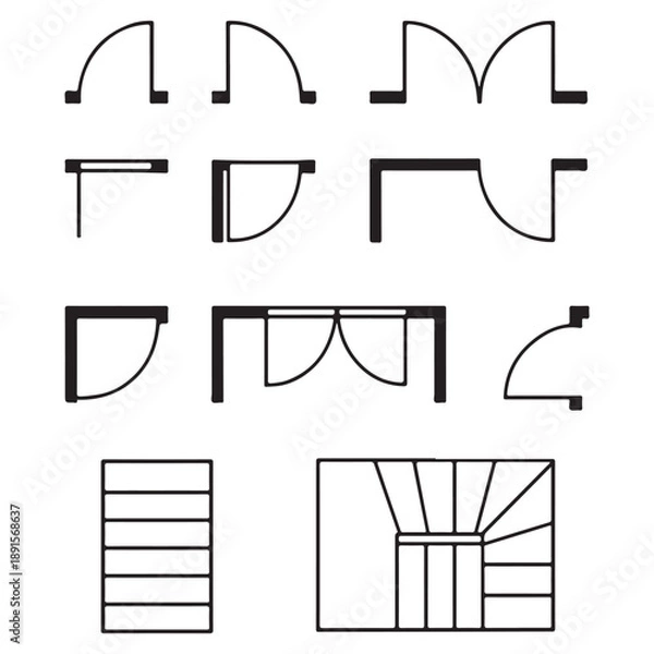 Obraz Architectural Floor Plan Elements Set – Doors, Stairs & Construction Symbols