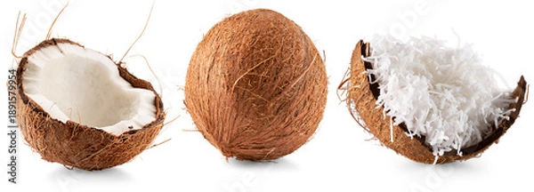 Obraz Coconuts with coconut flakes isolated on white background.