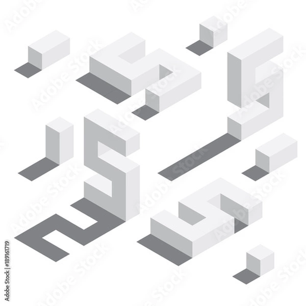 Fototapeta Number 5 in isometric style. White on white digits with shadows. Educational set