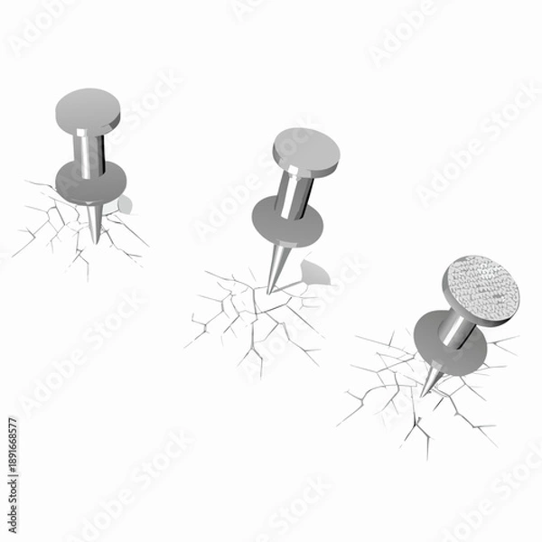 Obraz Three silver push pins piercing a cracked white surface