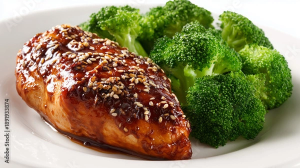 Obraz 白いお皿に盛り付けられた甘辛いタレと胡麻が香ばしい照り焼きチキンと茹でたてブロッコリーのヘルシーな一皿