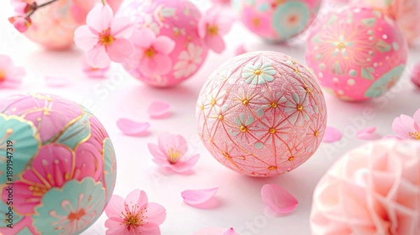 Obraz おひな祭り　手まりのオーナメントと桃の花の背景