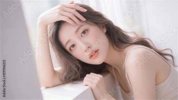 Obraz 白い空間で髪に手を添えてポーズをとる美しい女性