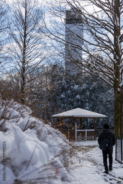 Obraz 雪に包まれたぎふワールドローズガーデンの東屋と池の冬景色