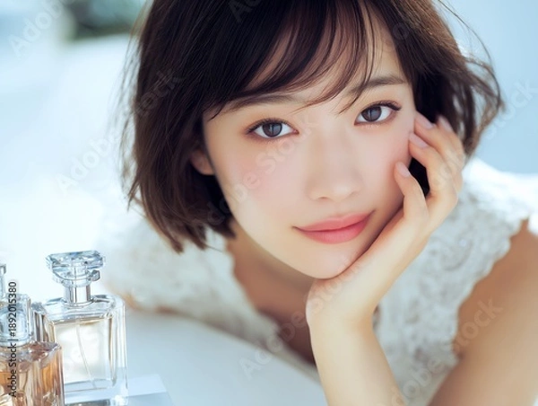 Fototapeta 香水のボトルのそばで優しく微笑む女性が演出する上品な香りと美容のイメージ