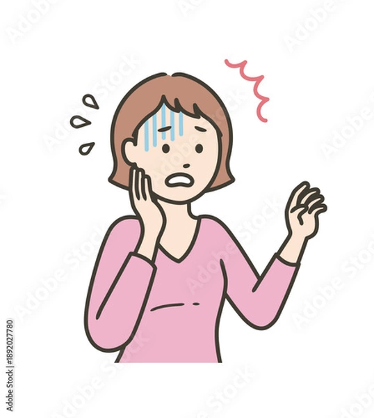 Obraz 青ざめて頬に手を当てて驚き焦る女性
