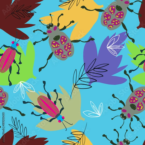 Fototapeta Pattern with beetles and leaves on blue paper.
