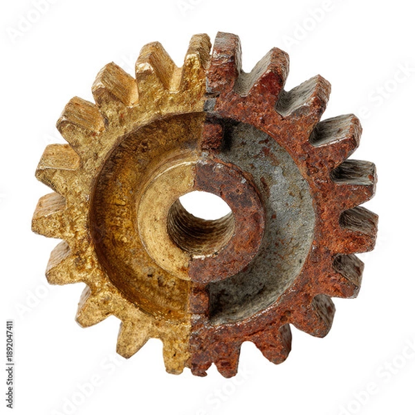 Obraz Split rusted gear, one half clean, the other rough