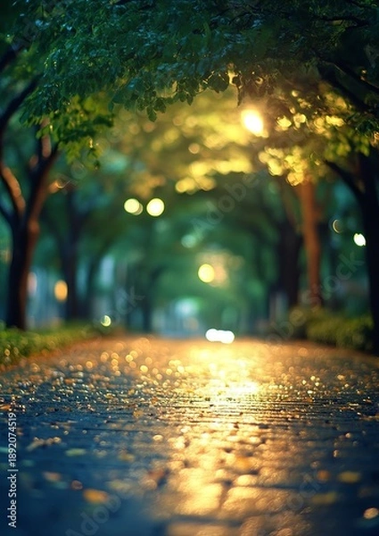 Fototapeta Evening path through a park, soft focus, warm light