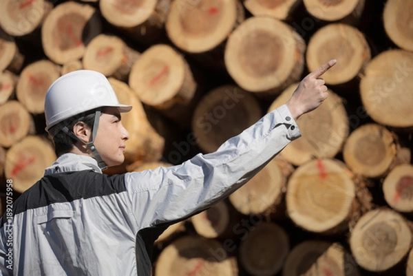 Obraz 建築現場などで丸太や建材の木材を背景にヘルメットをつけた未来を見つめる男性の横顔(多摩木材センター協同組合プロパティ許可ずみ）	