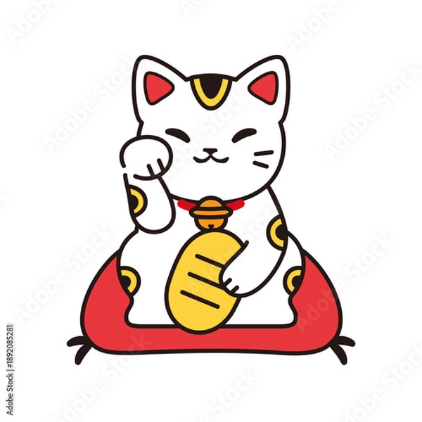 Obraz 赤い座布団に座る招きねこ　金運と幸運を願うベクターイラスト