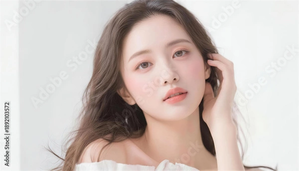 Obraz 髪を耳にかける白い服の女性、優雅で洗練された雰囲気のポートレート