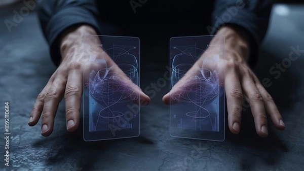 Obraz Hands hovering over dark surface holding transparent screens with intricate data patterns