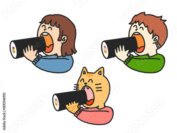 Obraz 恵方巻きを食べている子どもとねこ　セット