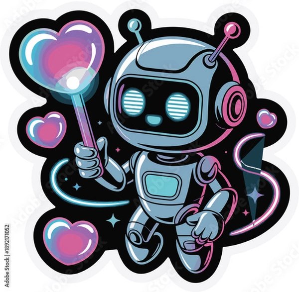 Obraz Cute robot character creating bubble heart and floating elements design sticker