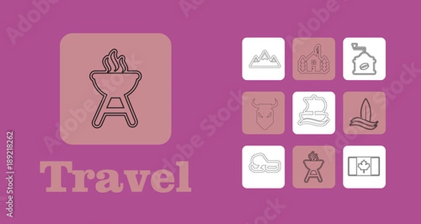 Obraz Travel Line Icons for Web and Mobile. Thin line icons. on purple
