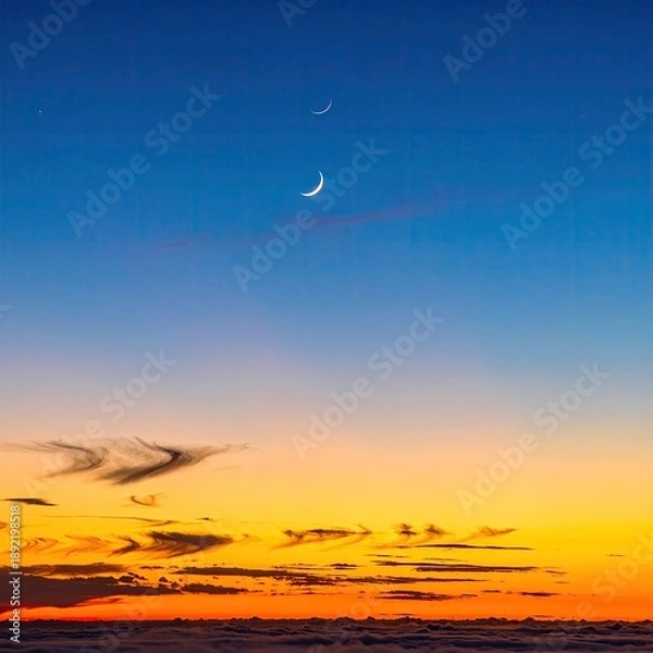 Obraz Two crescent moons above a colorful sunset over clouds