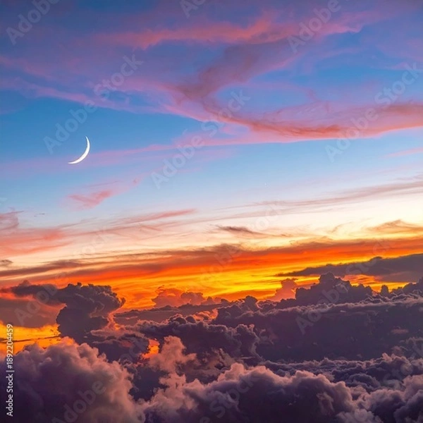 Obraz Dramatic sunset colors over fluffy clouds, crescent moon peeking