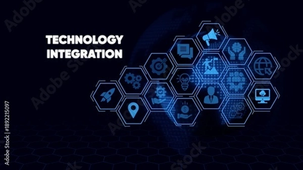 Obraz Technology integration concept with blue hexagons and on dark background