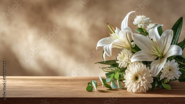 Obraz 穏やかな光に包まれる白い花｜ベージュトーンの背景