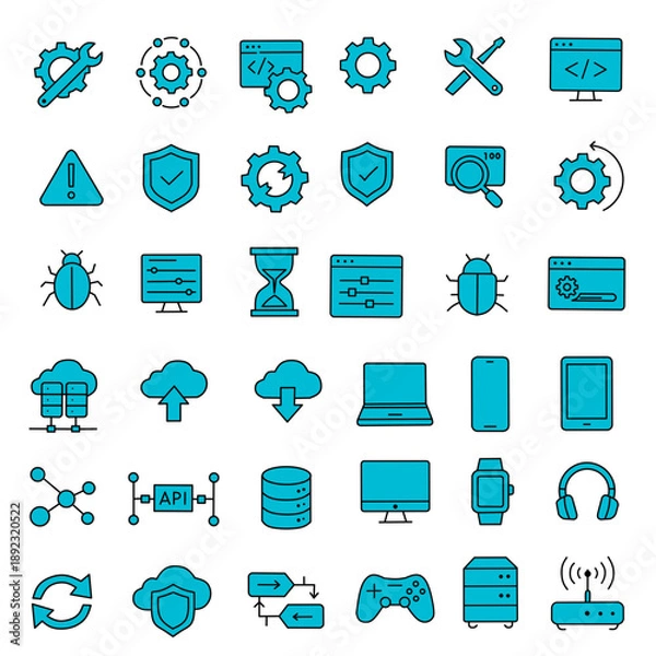 Obraz Blue Technology Filled Icons Collection for App Interface and IT Projects