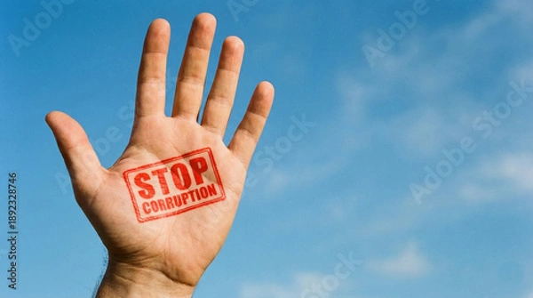 Obraz Hand with Stop Corruption Stamp Against Sky  