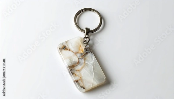 Obraz A marbled, rectangular keychain with a metal ring, resting on white