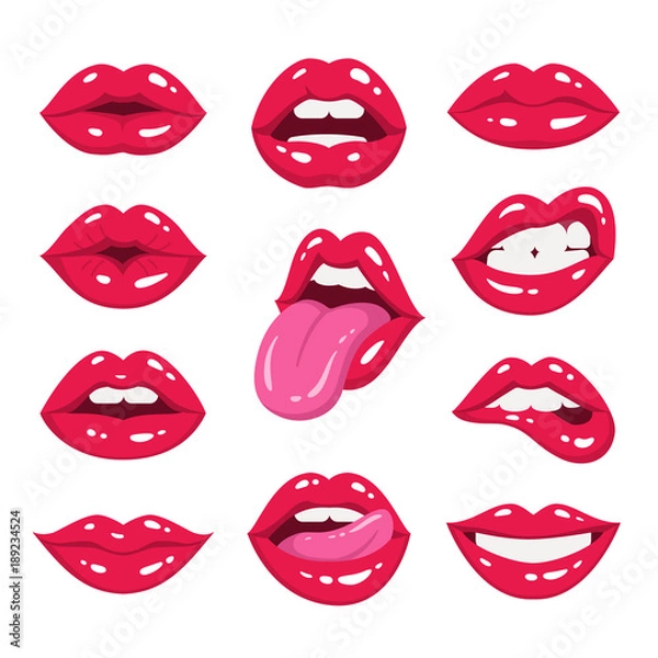 Fototapeta Red lips collection. Vector illustration of sexy woman's lips expressing different emotions, such as smile, kiss, half-open mouth, biting lip, lip licking, tongue out. Isolated on white.