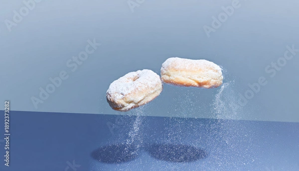 Obraz Powdered Donuts Suspended Over Reflective Blue Surface