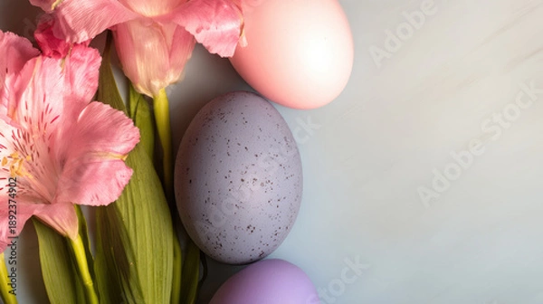 Obraz Pastel Easter Eggs with Pink Lilies