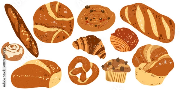 Obraz Bakery Bread and Pastry Set – Hand Drawn Vector Illustration