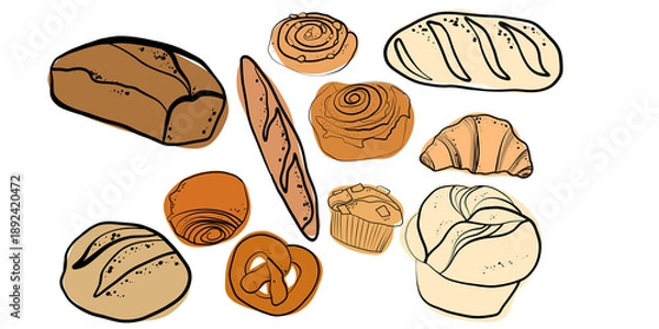 Obraz Bakery Bread and Pastry Set – Hand Drawn Vector Illustration