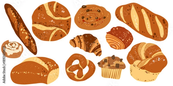 Obraz Bakery Bread and Pastry Set – Hand Drawn Vector Illustration
