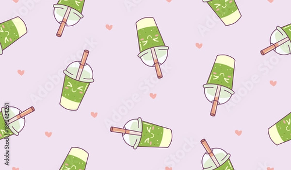 Fototapeta Cute matcha latte seamless pattern background