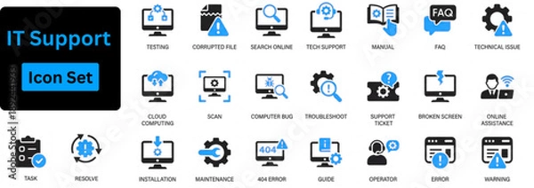 Obraz IT Support icon set. IT support and troubleshooting icons including tech support, operator, scan, maintenance, warning, troubleshooting, cloud computing, computer repair. solid icon set