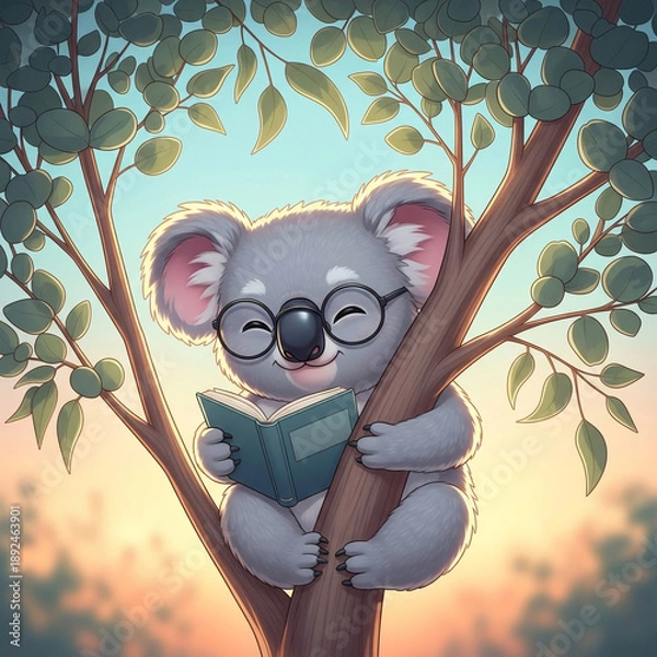 Obraz メガネをかけた可愛いコアラの学習時間