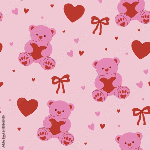 Fototapeta Seamless pattern with pink bears and hearts. Vector graphics.