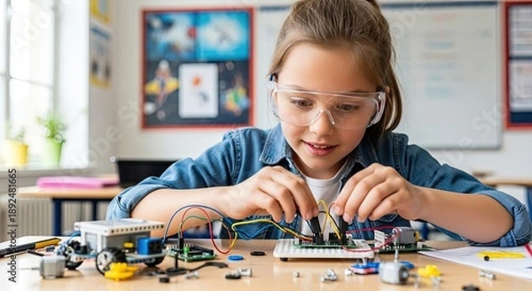 Obraz Young Girl Student Working on Electronics Project