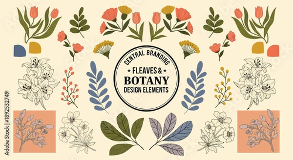 Obraz Botany Design Elements with Floral Patterns and Leaves vector illustration