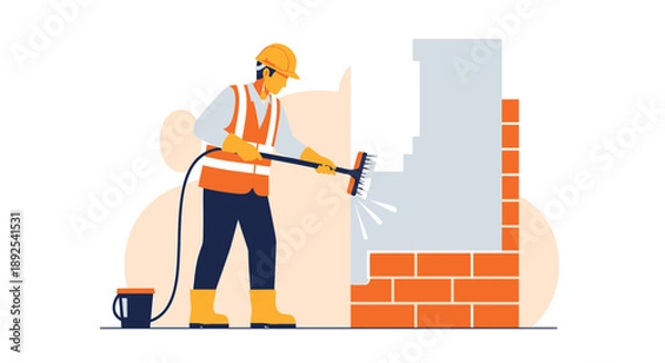 Obraz Construction worker cleaning brick wall with power washer tool.
