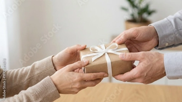 Obraz Presenting a gift, hands offering a wrapped box.