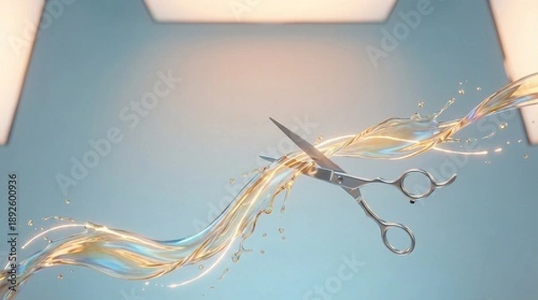 Obraz Scissors cutting through flowing water. Dynamic visual effect.