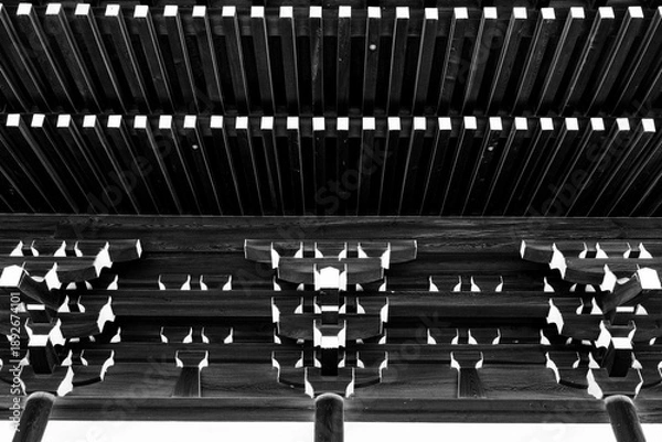 Obraz 日本建築の木組み構造を捉えたモノクロパターン
