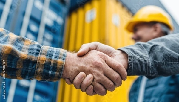 Obraz Two workers shaking hands in a construction site.