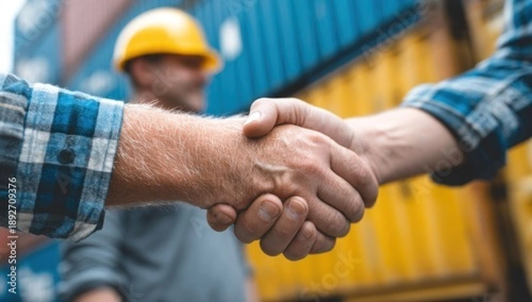 Obraz Two workers shaking hands in a construction site.