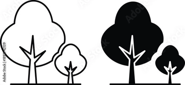 Obraz Two stylized trees one outlined one solid black silhouette white