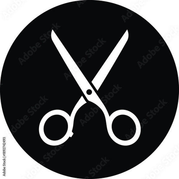 Obraz White scissors on black circle background simple tool